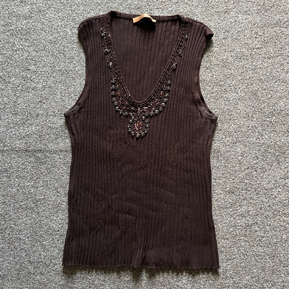Belldini Brown Ribbed Knit Sleeveless V-Neck Sweater Top Women’s XL Rhinestones